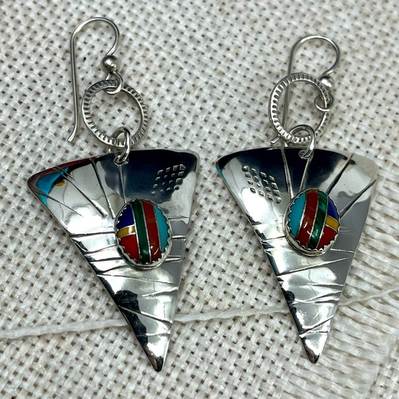 90's Handmade Sterling Silver Sail-Inspired Earrings with Multicolored Inlay - Picture 3 of 17